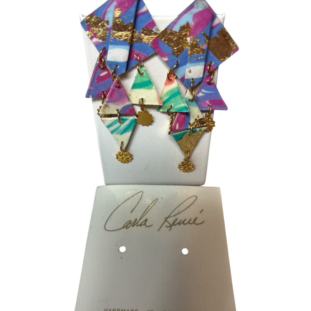 Multicolor Geometric Drop Earrings with Gold Accents - Picture 2 of 4